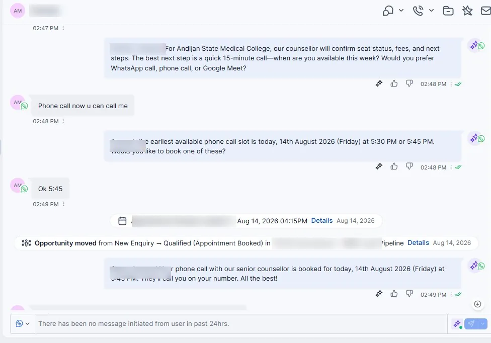 WhatsApp conversation where the AI agent books a phone call and moves the opportunity to qualified
